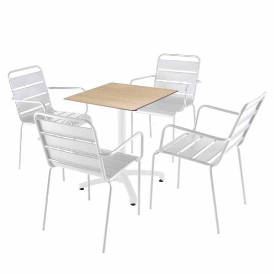 Table de jardin carrée inclinable en aluminium blanc et HPL 60x60 cm et 2 chaises avec accoudoirs en métal | Oviala