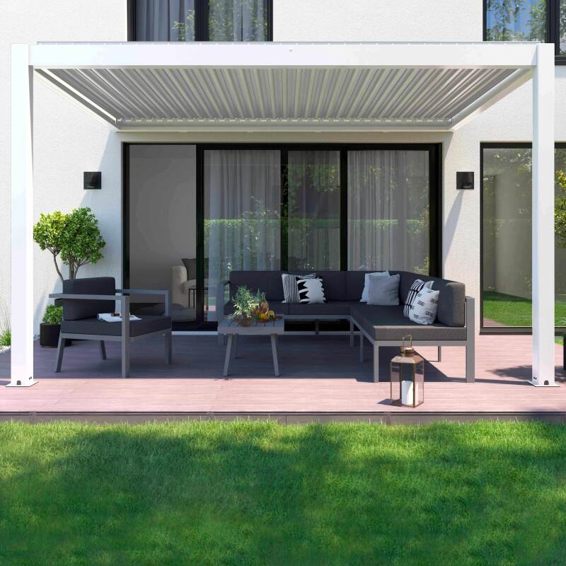 Pergola bioclimatique adossée motorisée en aluminium blanc 3x4m avec éclairage LED