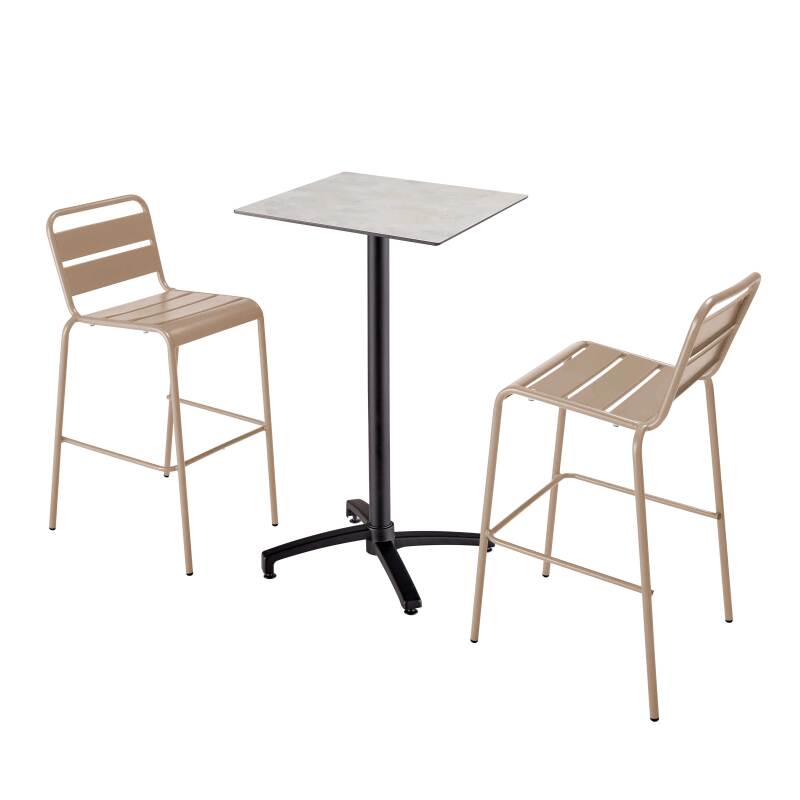 Table haute 60x60 cm inclinable stratifiée avec pied noir et chaises en métal