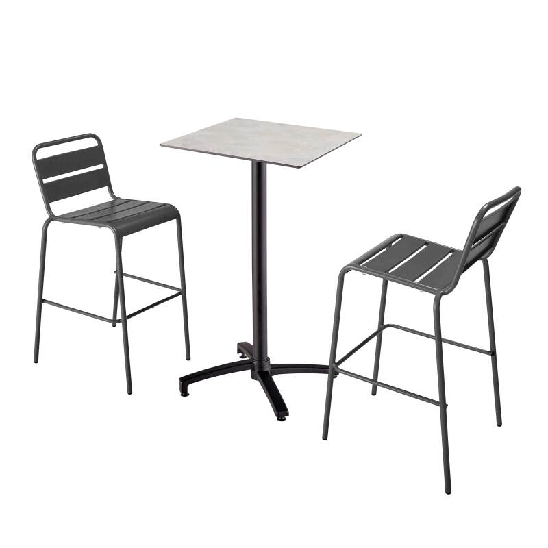Table haute 60x60 cm inclinable stratifiée avec pied noir et chaises en métal