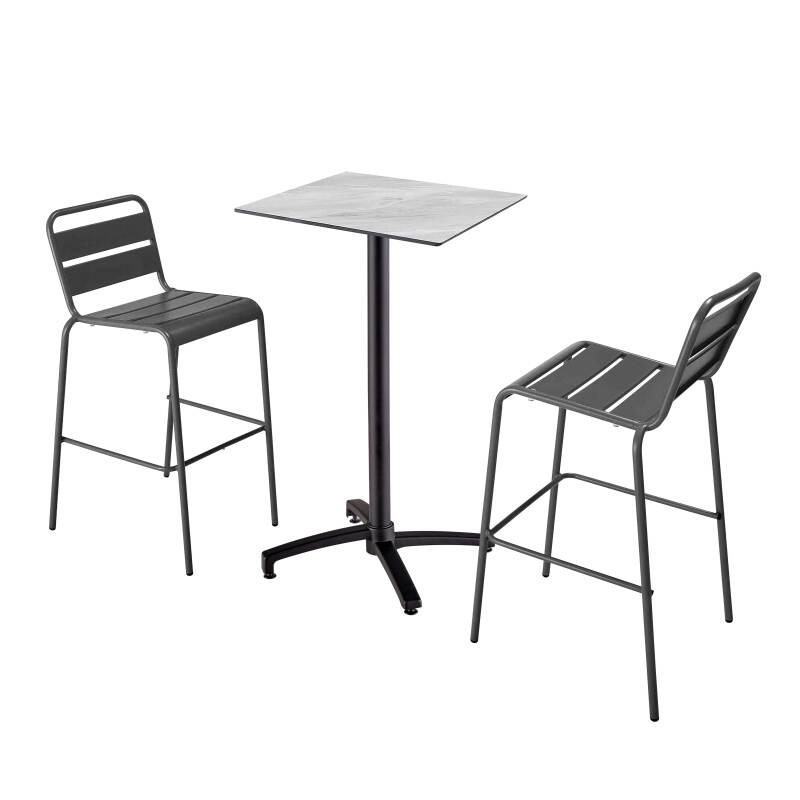 Table haute 60x60 cm inclinable stratifiée avec pied noir et chaises en métal