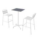 Table haute 60x60 cm inclinable stratifiée avec pied blanc et chaises en métal
