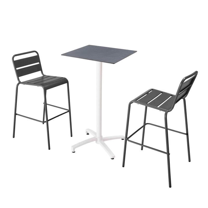Table haute 60x60 cm inclinable stratifiée avec pied blanc et chaises en métal