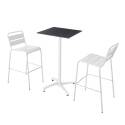 Table haute 60x60 cm inclinable stratifiée avec pied blanc et chaises en métal