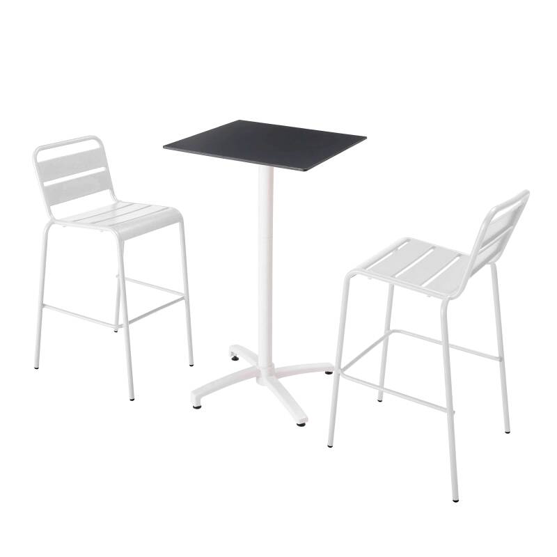 Table haute 60x60 cm inclinable stratifiée avec pied blanc et chaises en métal