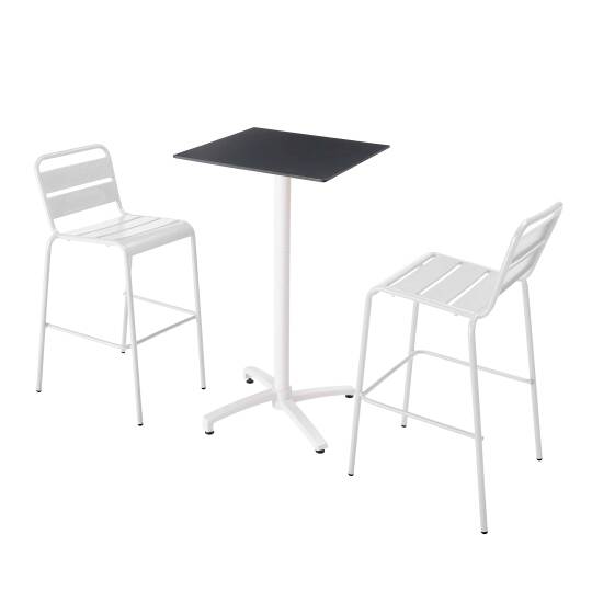 Table haute de jardin carrée inclinable en aluminium blanc et HPL 60x60 cm et 2 chaises hautes en métal | Oviala