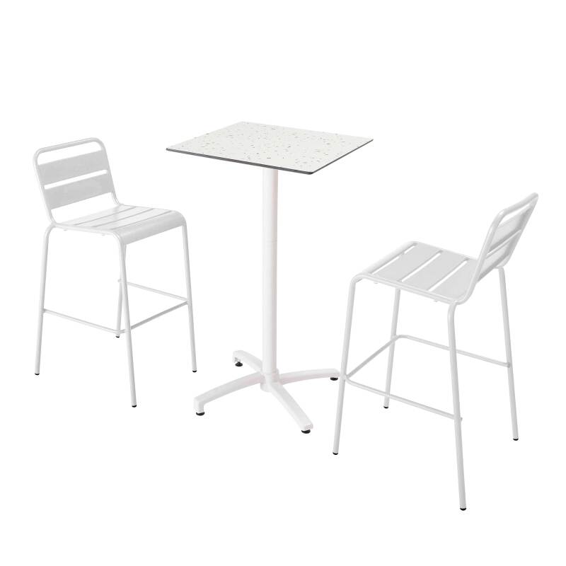 Table haute 60x60 cm inclinable stratifiée avec pied blanc et chaises en métal