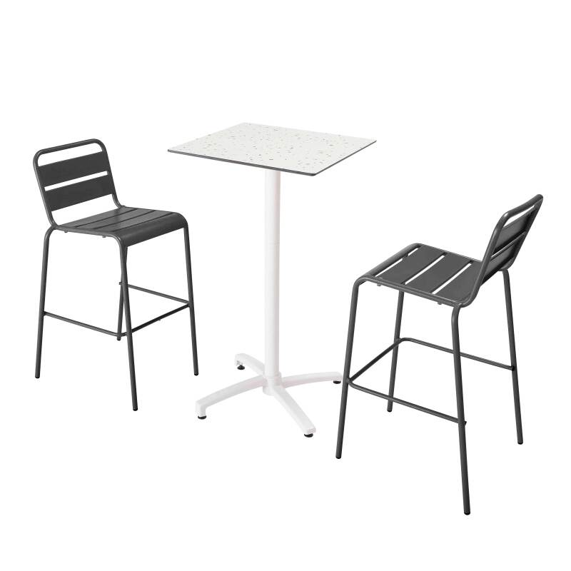 Table haute 60x60 cm inclinable stratifiée avec pied blanc et chaises en métal