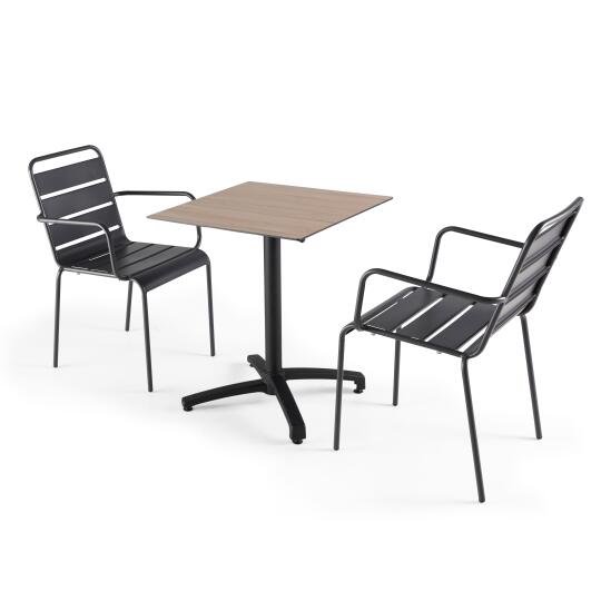 Table de jardin carrée inclinable en aluminium noir et HPL 60x60 cm et 2 chaises avec accoudoirs en métal | Oviala