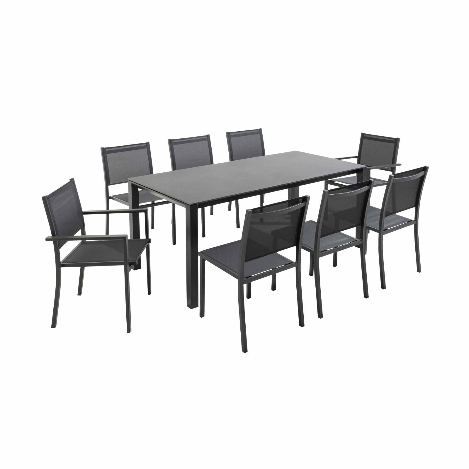 Table de jardin extensible en aluminium et pierre avec 8 chaises sans accoudoirs et 2 chaises avec accoudoirs