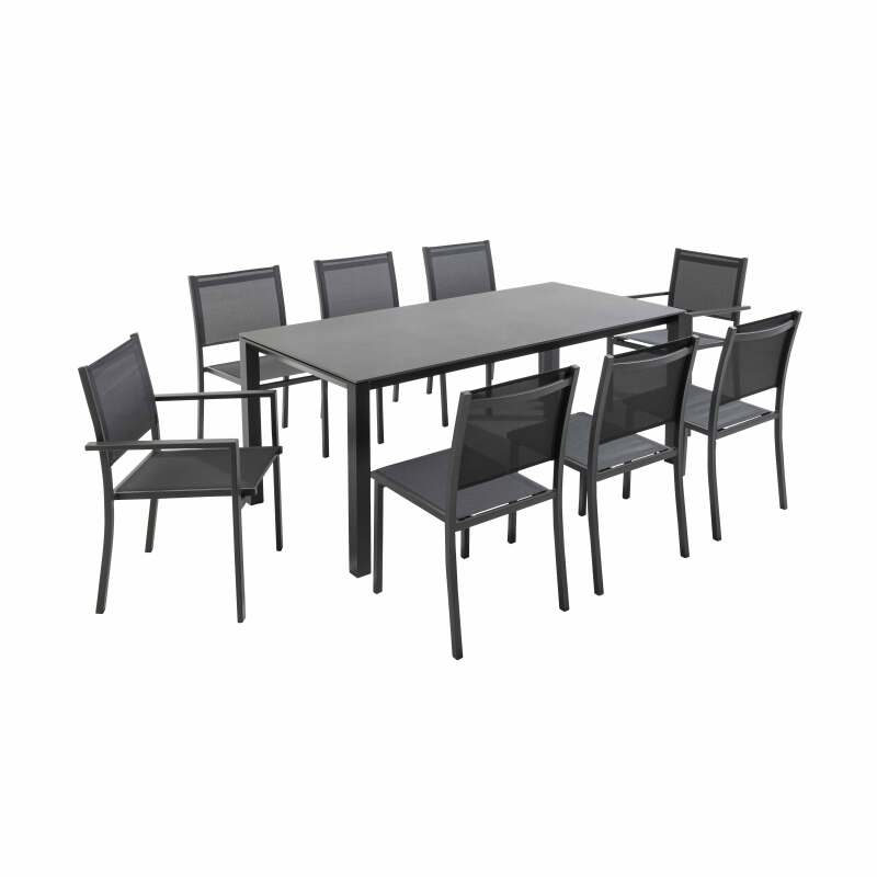Table de jardin extensible en aluminium et pierre avec 8 chaises sans accoudoirs et 2 chaises avec accoudoirs
