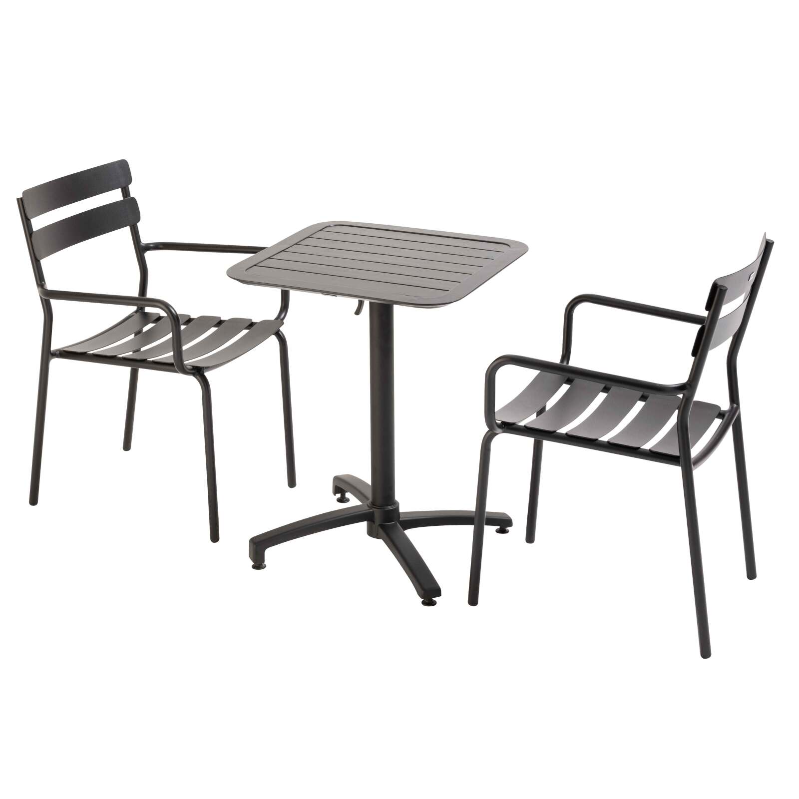 Table de terrasse 60x60 cm inclinable en aluminium et 2 chaises avec accoudoirs