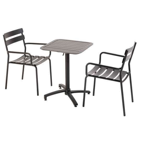 Table de terrasse 60x60 cm inclinable en aluminium et 2 chaises avec accoudoirs