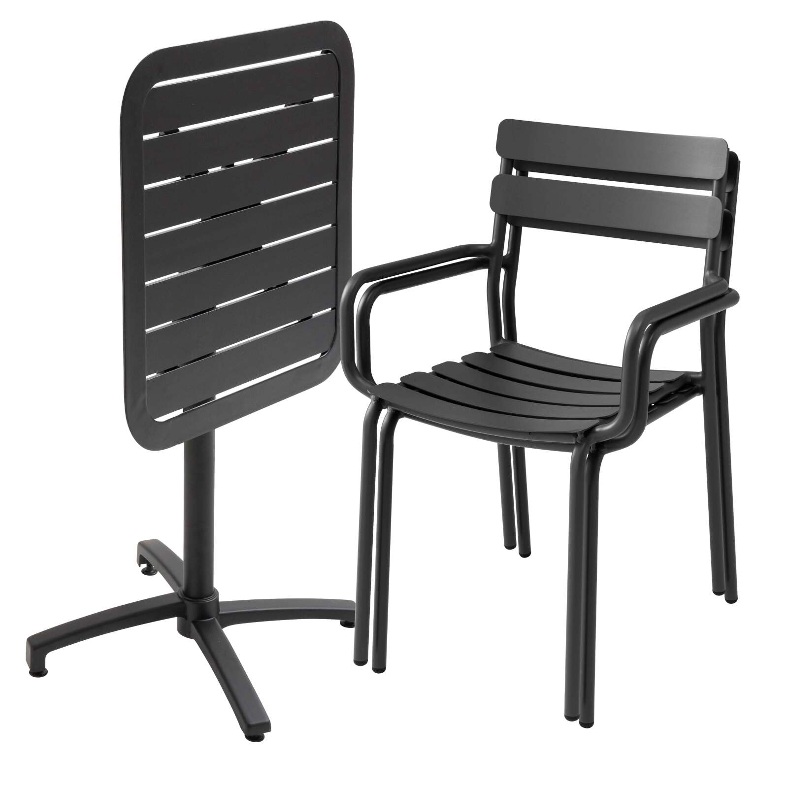 Table de terrasse 70x70 cm inclinable en aluminium et 2 chaises avec accoudoirs