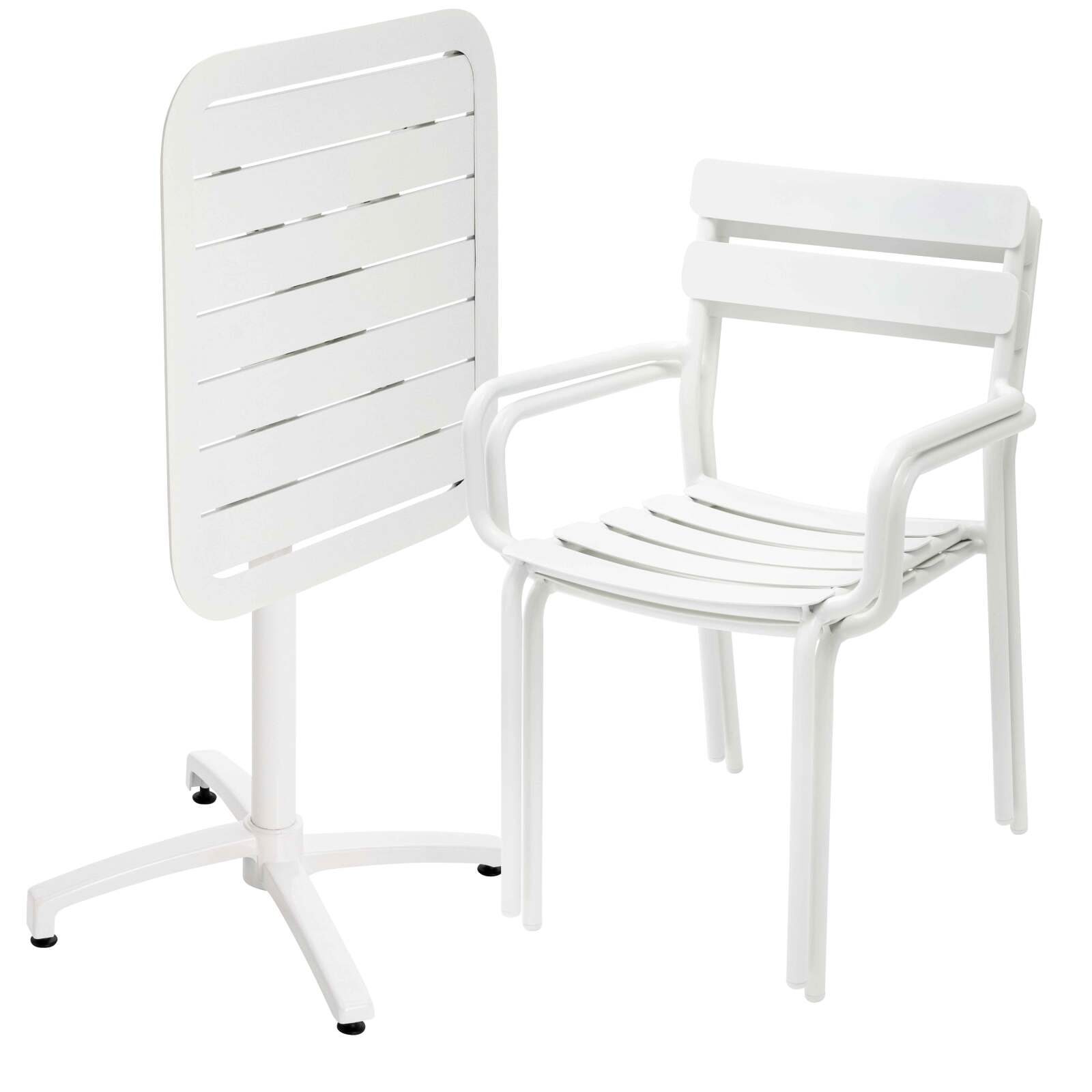 Table de terrasse 70x70 cm inclinable en aluminium et 2 chaises avec accoudoirs