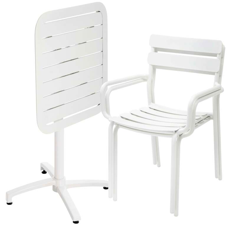 Table de terrasse 70x70 cm inclinable en aluminium et 2 chaises avec accoudoirs