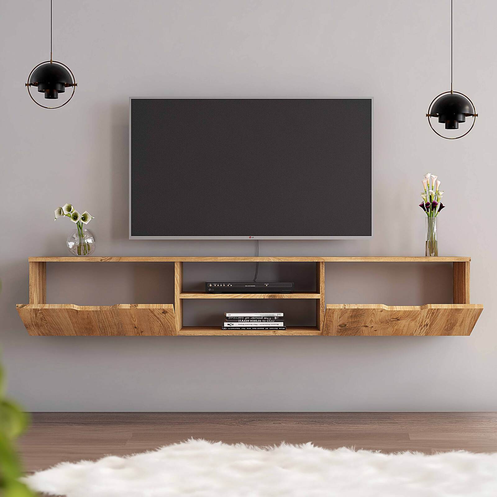 Meuble TV suspendu en mélaminé effet bois