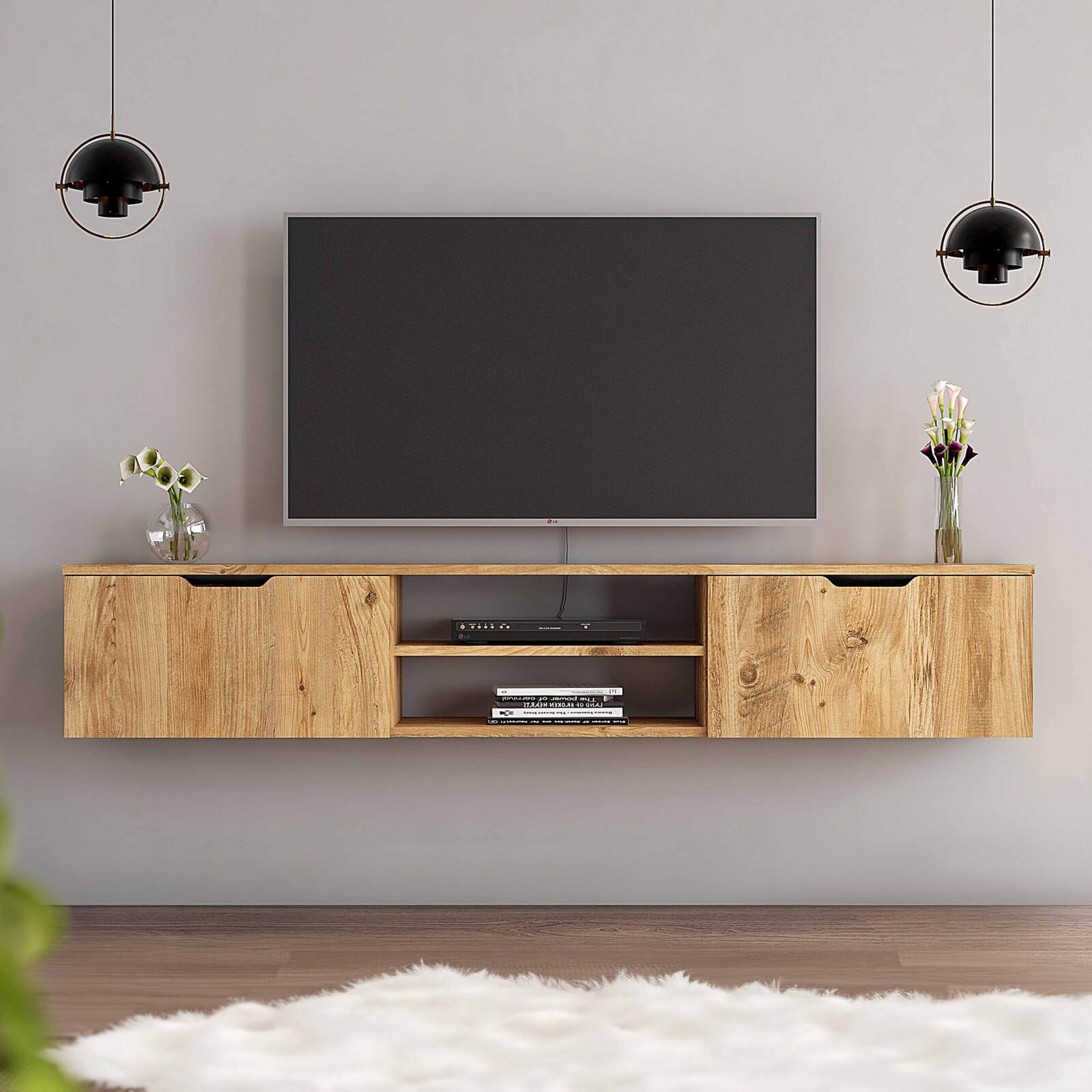 Meuble TV suspendu en mélaminé effet bois