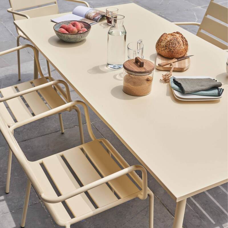 Table de jardin rectangulaire 180 x 90 cm et 6 chaises avec accoudoirs en métal
