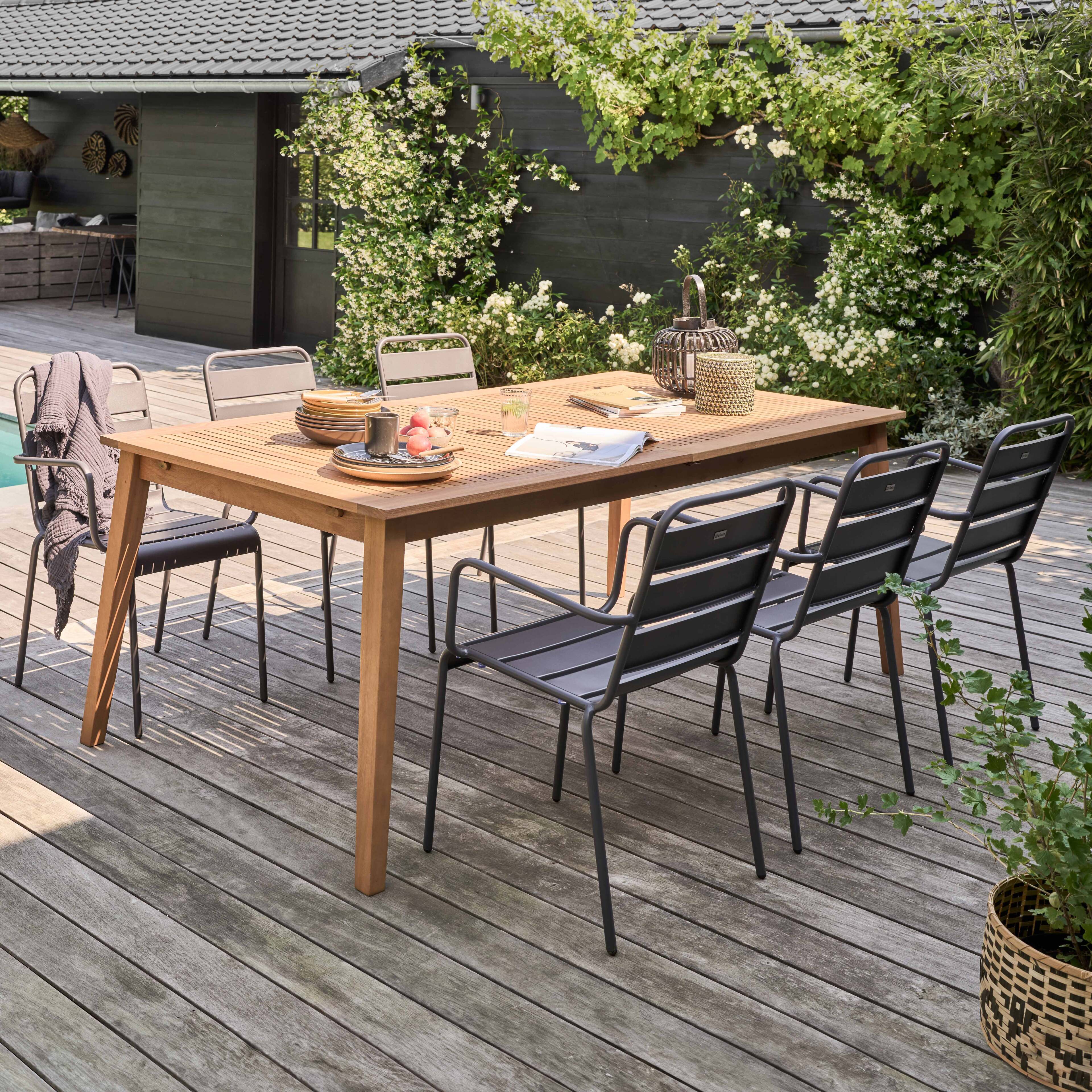 Table Salle à Manger + 6 Chaises - Bois Exotique - 140x140cm + Allonge 60cm - État Neuf