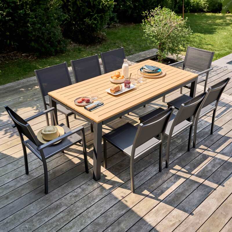 Table de jardin extensible rectangulaire en aluminium et bois d'eucalyptus FSC® avec 8 chaises et 2 chaises avec accoudoirs