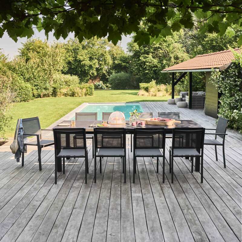 Table de jardin extensible rectangulaire avec 8 chaises et 2 chaises avec accoudoirs