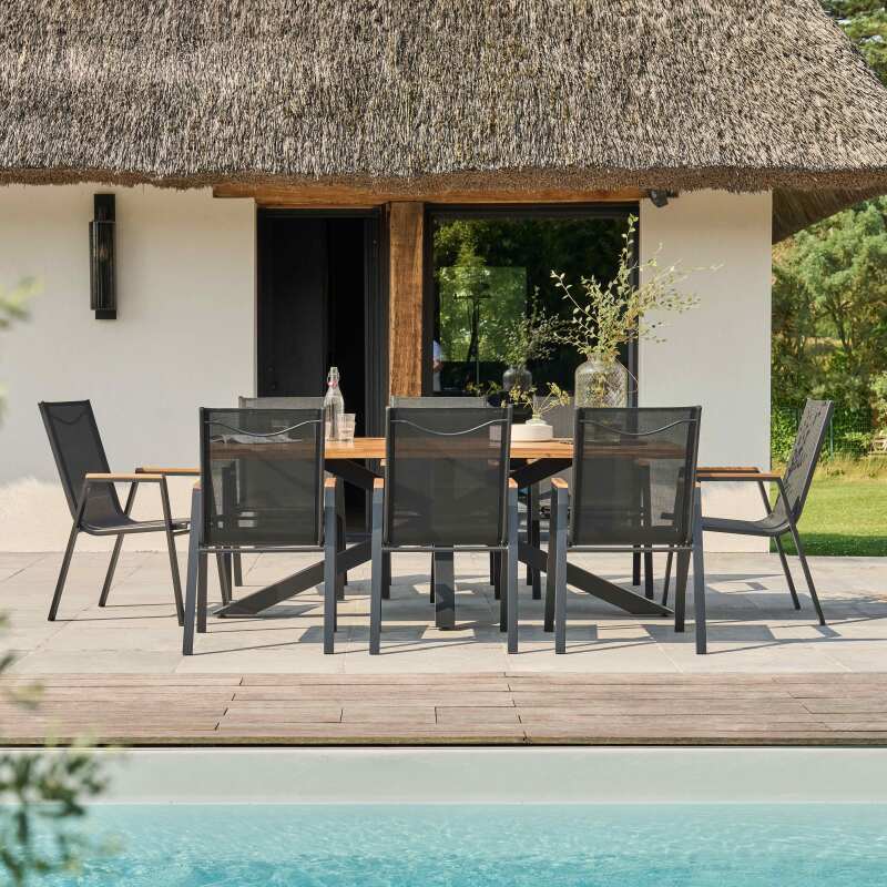 Table de jardin rectangulaire 200 x 75 cm en aluminium et bois d' acacia et 8 chaises avec accoudoirs