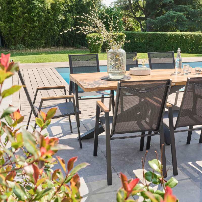 Table de jardin rectangulaire 200 x 75 cm en aluminium et bois d' acacia et 8 chaises avec accoudoirs