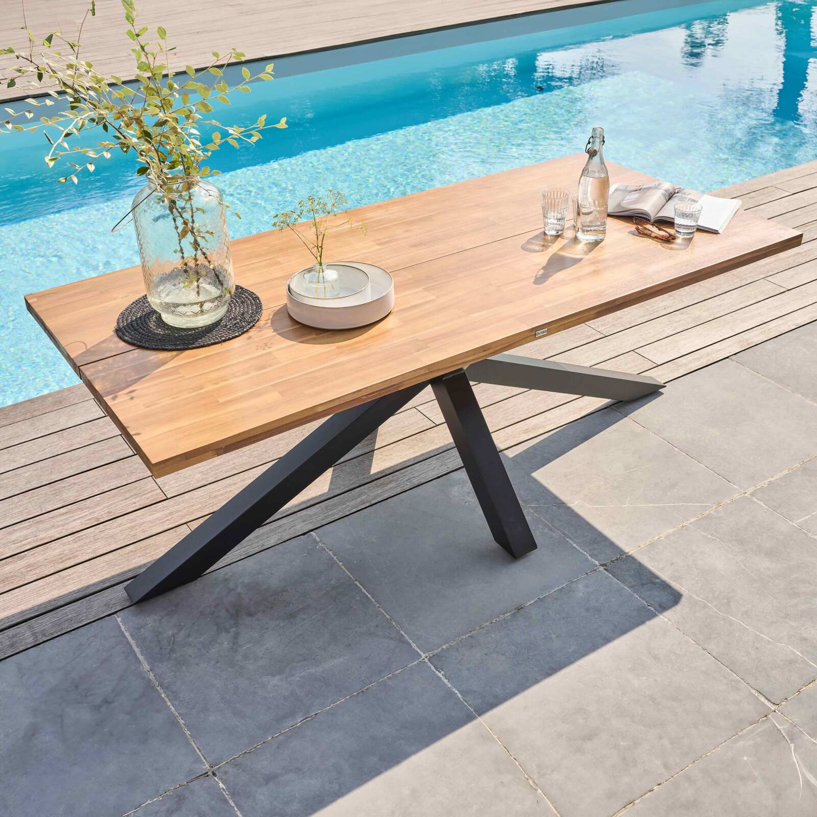 Table de jardin rectangulaire 200 x 75 cm en aluminium et bois d' acacia et 8 chaises avec accoudoirs