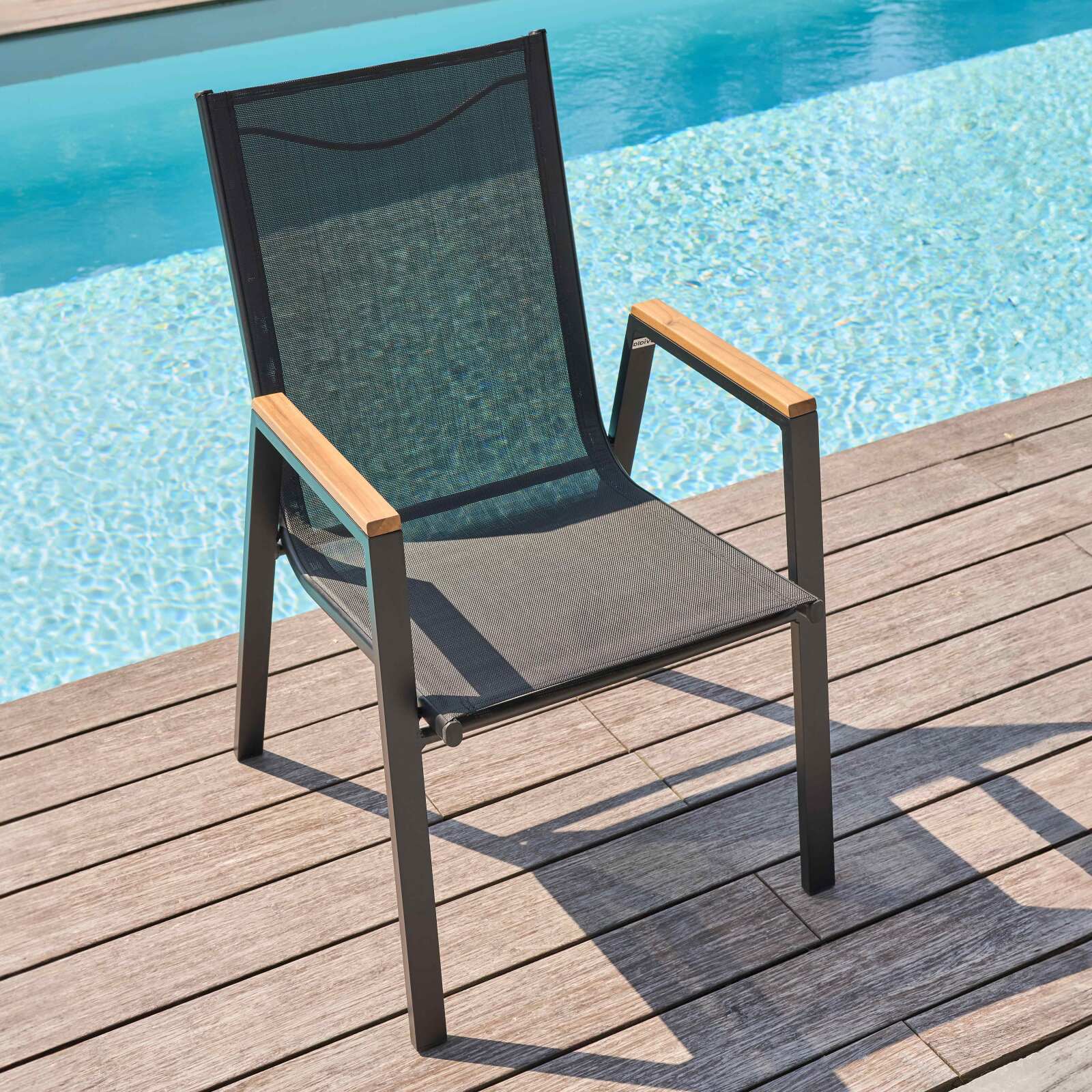 Table de jardin rectangulaire 200 x 75 cm en aluminium et bois d' acacia et 8 chaises avec accoudoirs