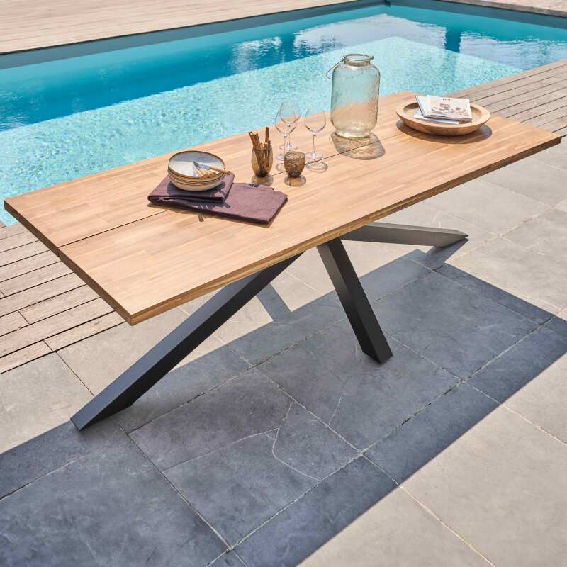Table de jardin rectangulaire 240 x 75 cm en aluminium et bois d'acacia et 10 chaises avec accoudoirs