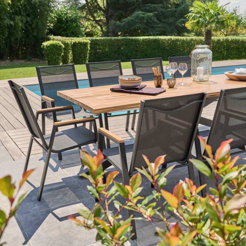 Table de jardin rectangulaire 240 x 75 cm en aluminium et bois d'acacia et 10 chaises avec accoudoirs