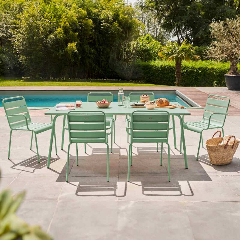 Table de jardin en métal 180x90 cm et 6 chaises avec accoudoirs - Ambiance