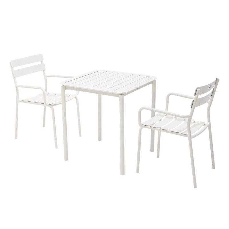 Table de terrasse carrée 70 x 70 cm et 2 chaises avec accoudoirs en aluminium