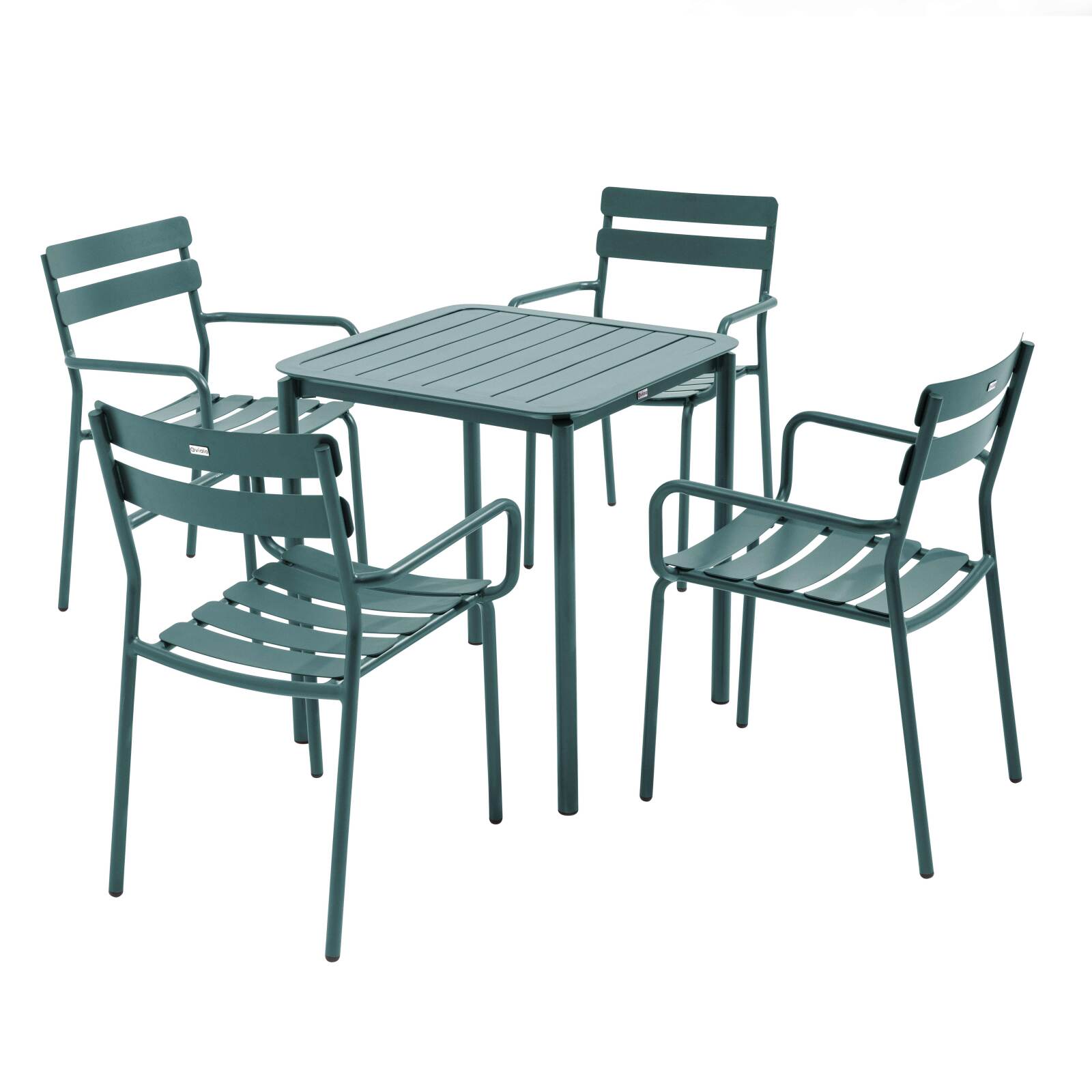 Table de terrasse carrée 70 x 70 cm et 4 chaises avec accoudoirs en aluminium