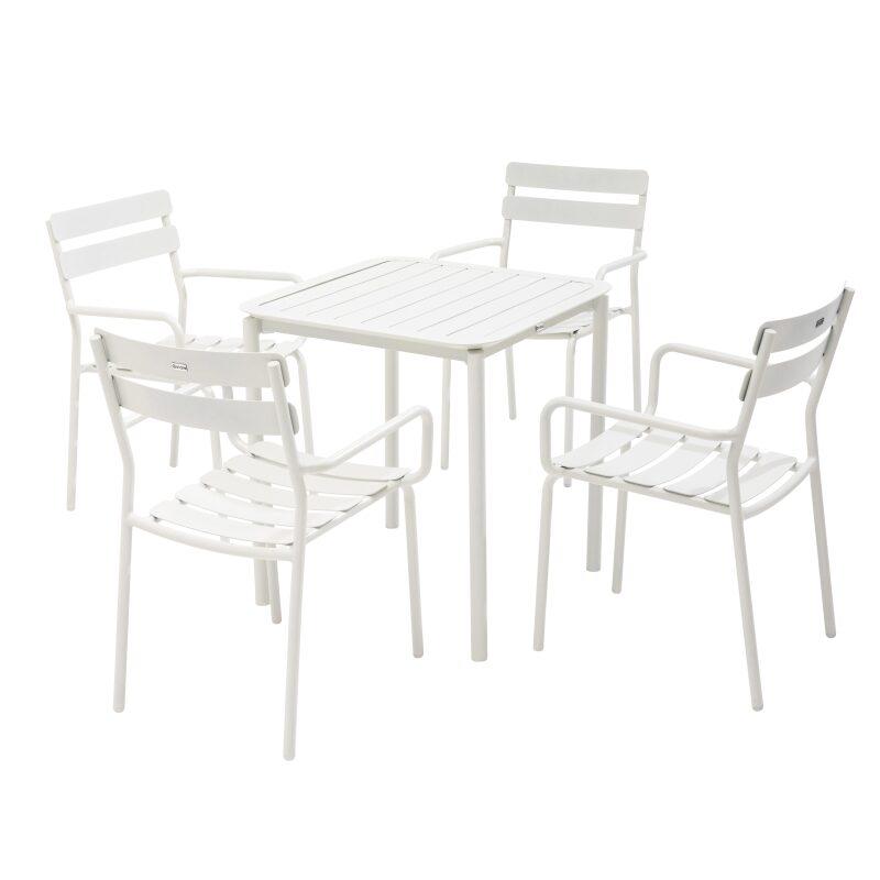 Table de terrasse carrée 70 x 70 cm et 4 chaises avec accoudoirs en aluminium