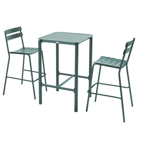 Table haute de terrasse carrée et 2 chaises en aluminium
