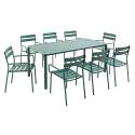 Table de terrasse rectangulaire 185 x 92 cm et 8 chaises avec accoudoirs en aluminium