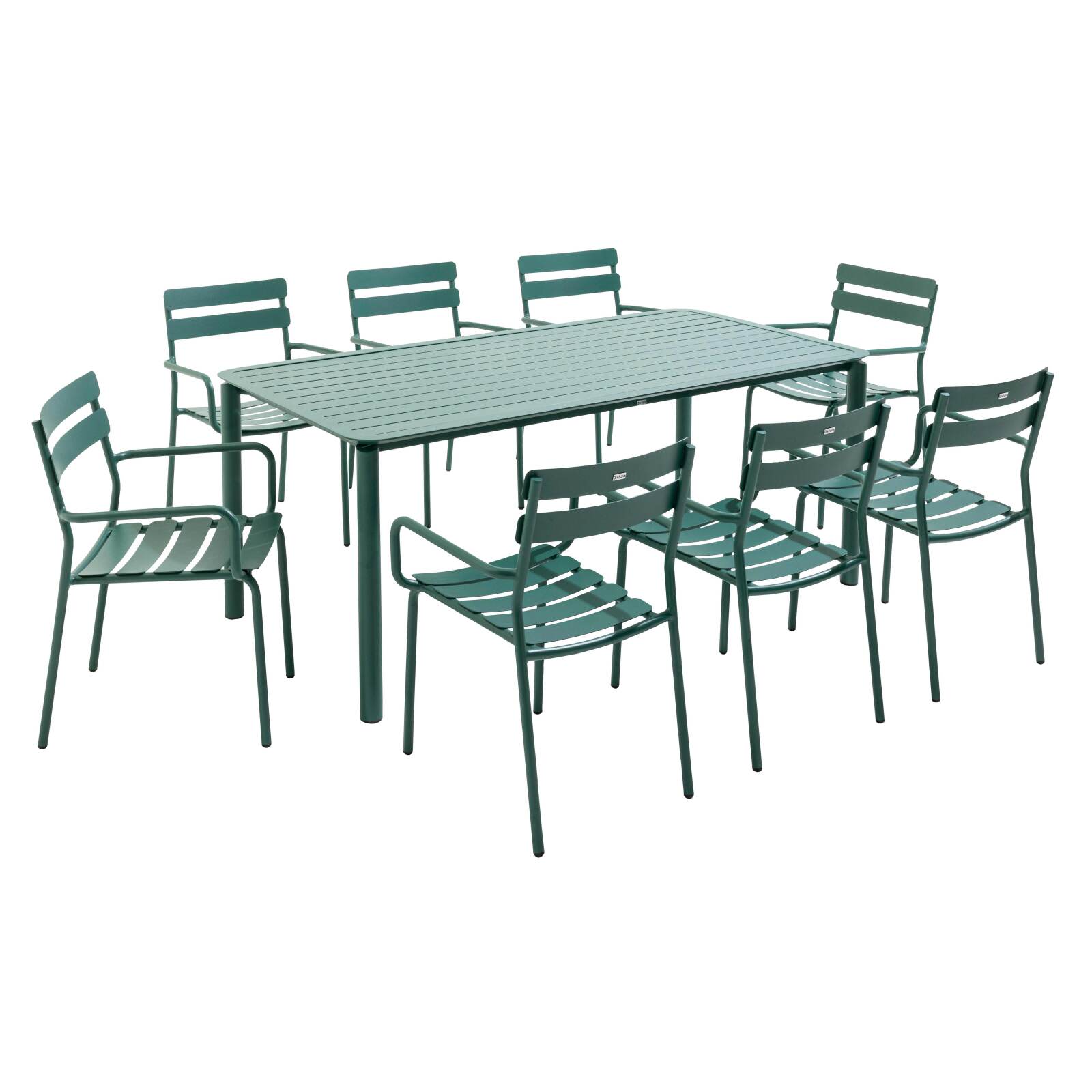 Table de terrasse rectangulaire 185 x 92 cm et 8 chaises avec accoudoirs en aluminium