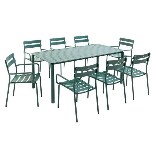 Table de terrasse rectangulaire 185 x 92 cm et 8 chaises avec accoudoirs en aluminium