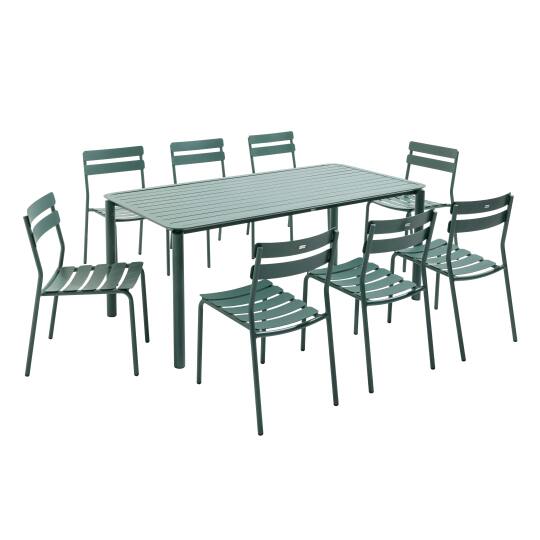 Table de terrasse rectangulaire 185 x 92 cm et 8 chaises en aluminium