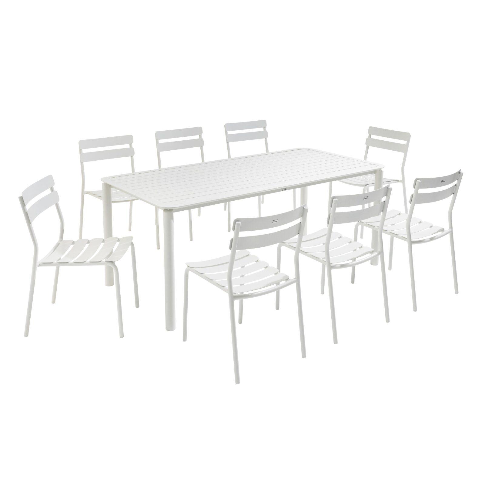 Table de terrasse rectangulaire 185 x 92 cm et 8 chaises en aluminium