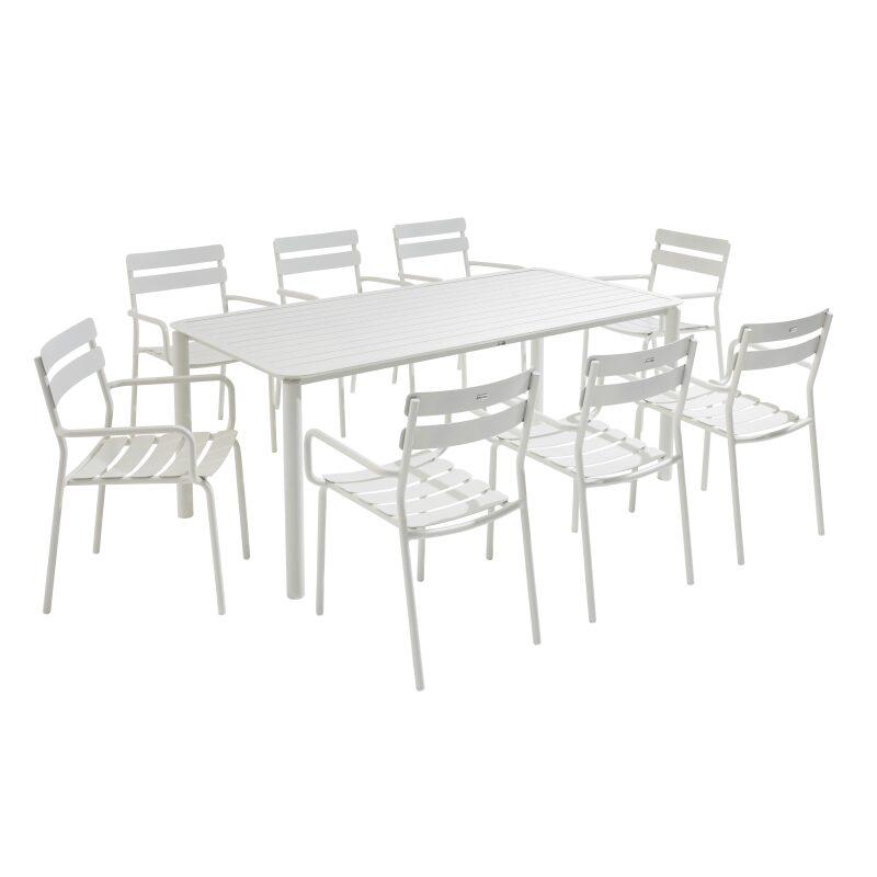 Table de terrasse rectangulaire 185 x 92 cm et 8 chaises avec accoudoirs en aluminium