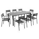 Table de terrasse rectangulaire 185 x 92 cm et 8 chaises avec accoudoirs en aluminium