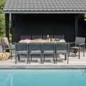 Table de jardin rectangulaire plateau en céramique effet bois avec 8 chaises et 2 chaises avec accoudoirs