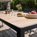 Table de jardin rectangulaire plateau en céramique effet bois avec 8 chaises et 2 chaises avec accoudoirs