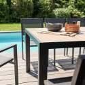 Table de jardin rectangulaire plateau en céramique effet bois avec 8 chaises et 2 chaises avec accoudoirs