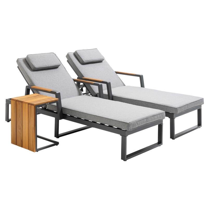Lot de 2 bains de soleil avec tablette en aluminium et bois teck