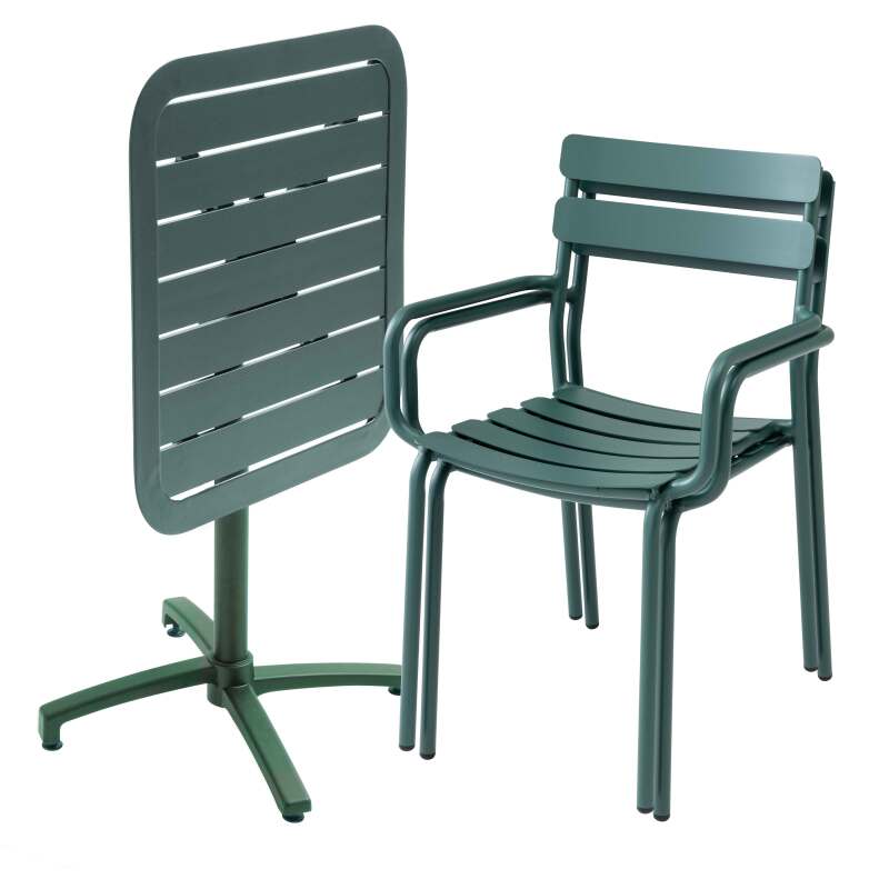 Table de terrasse 70x70 cm inclinable en aluminium et 2 chaises avec accoudoirs