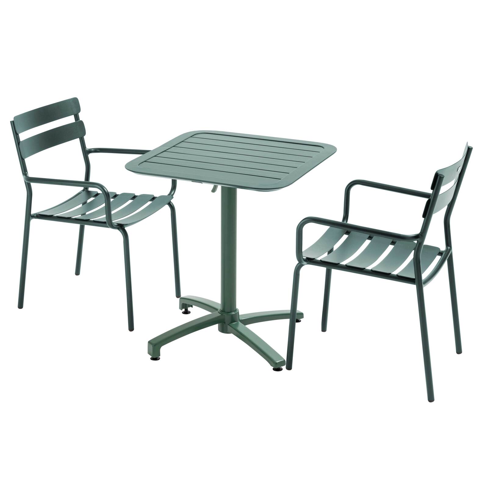 Table de terrasse 70x70 cm inclinable en aluminium et 2 chaises avec accoudoirs